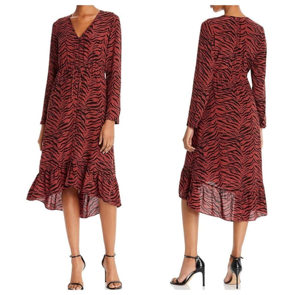 Rails JADE Rust Tiger Stripe Dress NEW Womens Sz S Long Sleeve Hi-Low Ruffle Hem